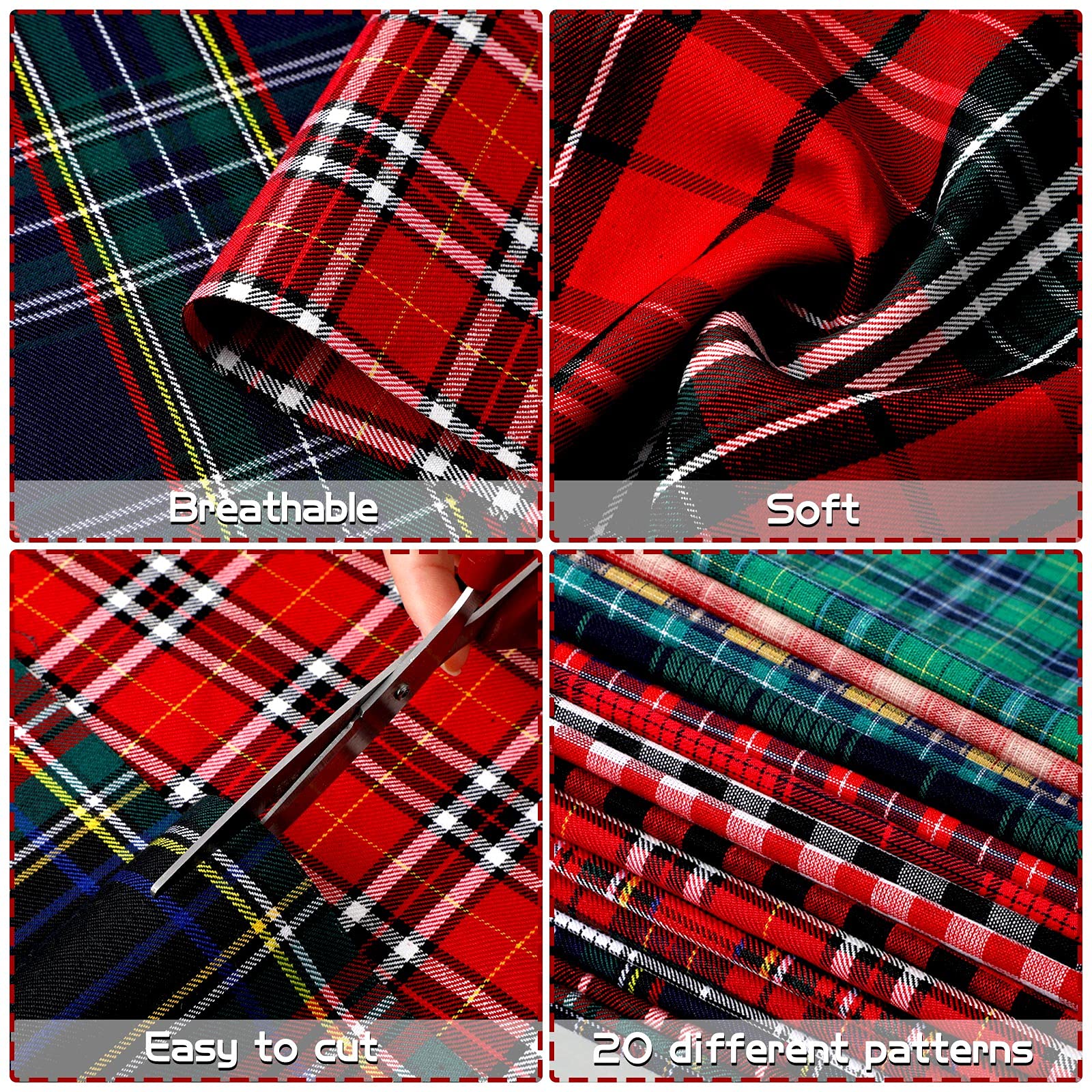 Irenare 20 Pcs Christmas Fabric Plaid Fabrics 10.6 Inch Buffalo Plaid Fabric Square Gingham Fabric DIY Quilting Tartan Fabric Precut Patchwork Sewing Fabric for Christmas Holiday DIY Craft Sewing