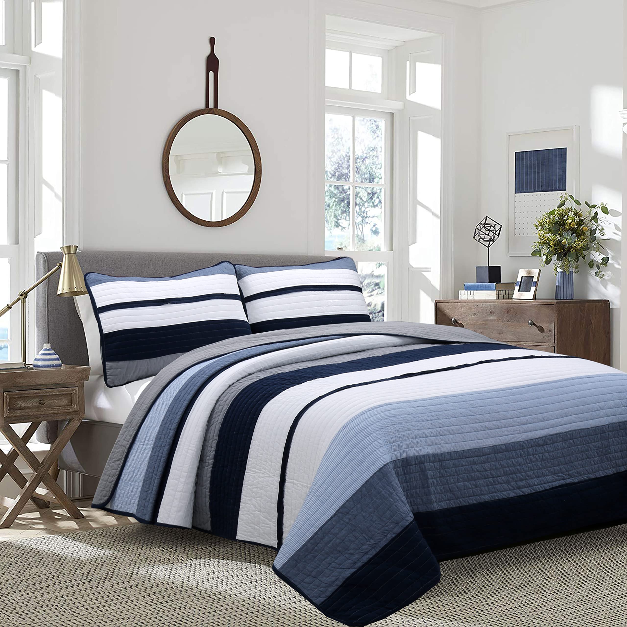 Cozy Line Home Fashions Tranquil Blue Gray Striped Boy 100% Cotton Reversible Quilt Bedding Set, All-Season Coverlet, Bedspread (Rendon, Queen - 3 Piece)