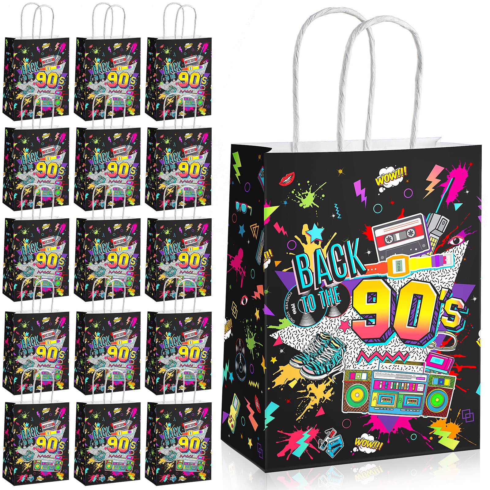 16 Pieces 90s Birthday Gift Bag Bulk Back to The 90s Party Decorations Retro 1990s Themed Party Favor Bags 90s Candy Bar Bags 90s Themed Goodies Treat Bags for 90s Birthday Disco Party Supplies