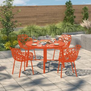 LeisureMod Devon Modern Aluminum Indoor-Outdoor Stackable Side Dining Armchair Set of 4, Orange