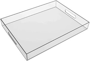 sooyee acrylic 16" x 12" plastic tray for coffee table,kitchen,bathroom,food,vanity countertop,large ottoman decorative, serving tray with handles,clear