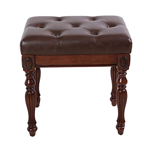 MODERION Solid Wood Vanity Bench Stool with Padded Cushion, Piano Bench with Wood Carving Legs, Button Breathing Leather Upholstered Seat, 18.89” x 18.5 x 14.17” Brown FD1533BN