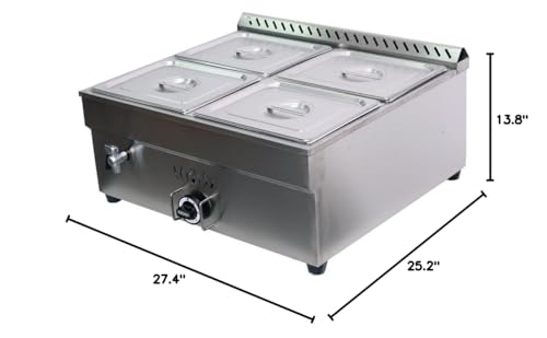 4-Pan LP Propane Food Warmer Gas Food Warmer Propane Steam Table Stainless Steel Bain Marie Buffet for Parties (with Gas Regulator Valve) 1/2 * 4” Double Row