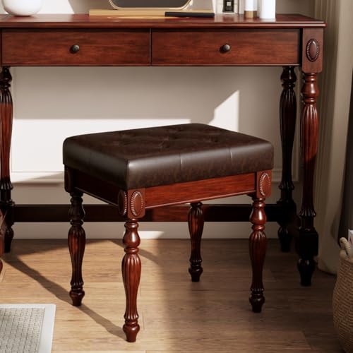 MODERION Solid Wood Vanity Bench Stool with Padded Cushion, Piano Bench with Wood Carving Legs, Button Breathing Leather Upholstered Seat, 18.89” x 18.5 x 14.17” Brown FD1533BN