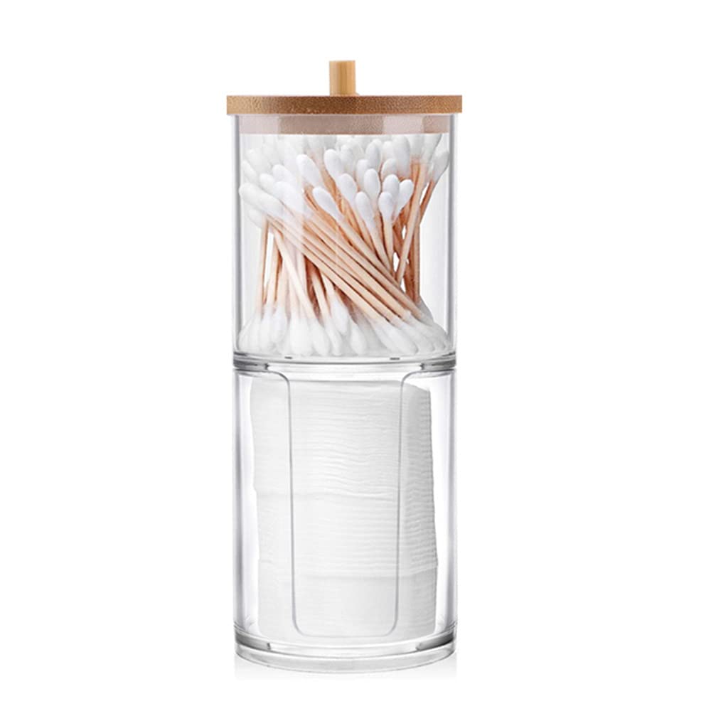 Qtip Holder Dispenser with Cotton Pads Jar Set Bamboo Lid Stackable Bathroom Counter Acrylic Organizer to Storage Cotton Ball Cotton Swab and Bath Salts