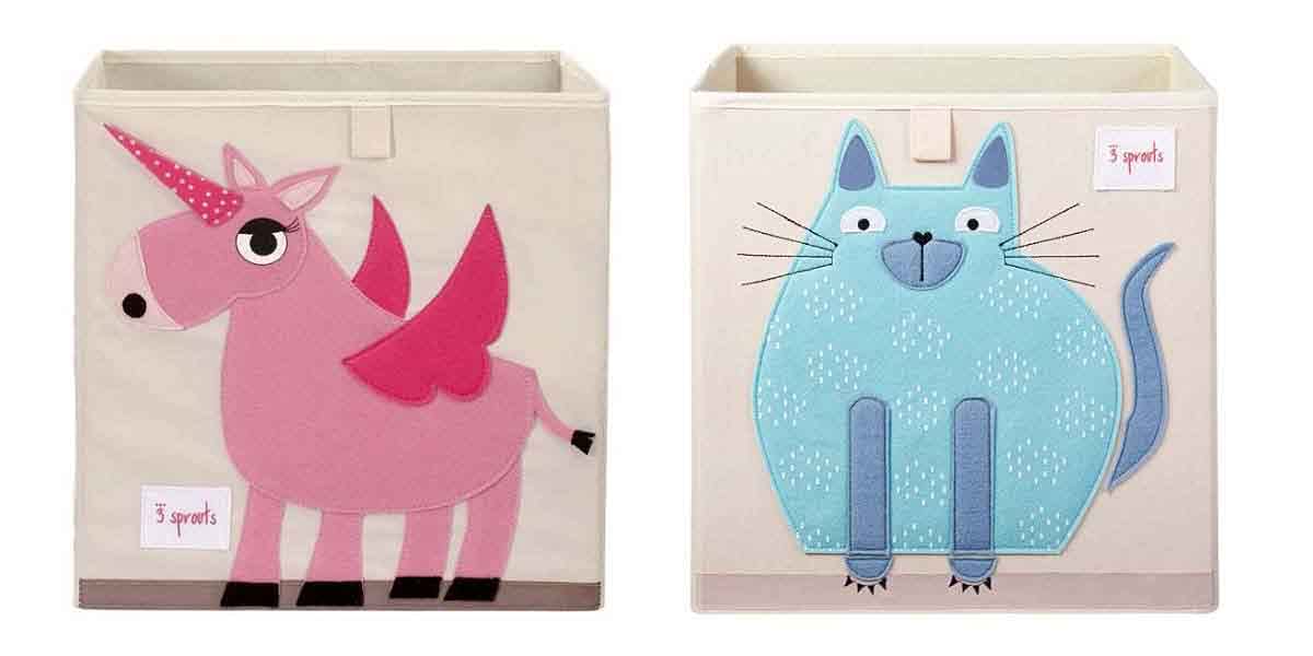 3 Sprouts Large 13 Inch Square Children's Foldable Fabric Storage Cube Organizer Box Toy Bin, Unicorn and Cat (2 Pack)