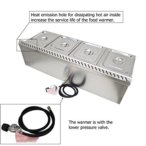 4-Pan LP Propane Food Warmer Gas Food Warmer Propane Steam Table Stainless Steel Bain Marie Buffet for Parties (with Gas Regulator Valve) 1/2 * 4” Double Row