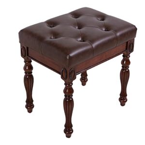 MODERION Solid Wood Vanity Bench Stool with Padded Cushion, Piano Bench with Wood Carving Legs, Button Breathing Leather Upholstered Seat, 18.89” x 18.5 x 14.17” Brown FD1533BN