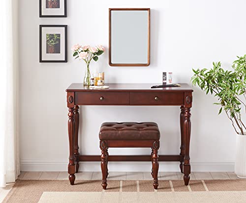 MODERION Solid Wood Vanity Bench Stool with Padded Cushion, Piano Bench with Wood Carving Legs, Button Breathing Leather Upholstered Seat, 18.89” x 18.5 x 14.17” Brown FD1533BN