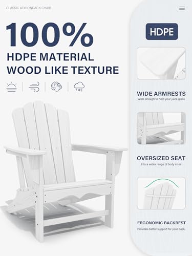 KINGYES HDPE Adirondack Chair, Classic All-Weather Outdoor Patio Adirondack Chair, White