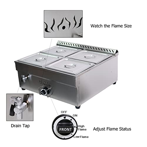 4-Pan LP Propane Food Warmer Gas Food Warmer Propane Steam Table Stainless Steel Bain Marie Buffet for Parties (with Gas Regulator Valve) 1/2 * 4” Double Row