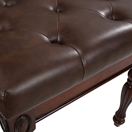 MODERION Solid Wood Vanity Bench Stool with Padded Cushion, Piano Bench with Wood Carving Legs, Button Breathing Leather Upholstered Seat, 18.89” x 18.5 x 14.17” Brown FD1533BN