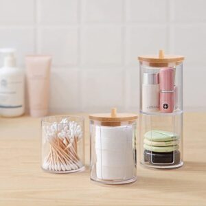 Qtip Holder Dispenser with Cotton Pads Jar Set Bamboo Lid Stackable Bathroom Counter Acrylic Organizer to Storage Cotton Ball Cotton Swab and Bath Salts