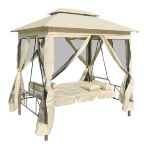 Garden Porch Swing can Accommodate 2 People,Sturdy Metal Frame,Roof with Sunshade,for Poolside,Yard,Garden,Deck,Gazebo Convertible Swing Bench Cream White