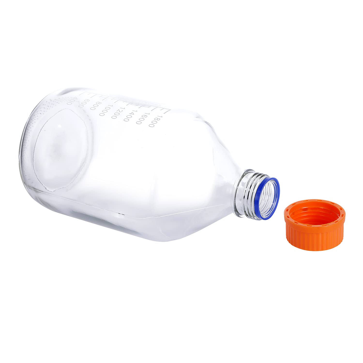 Pastein 1 Piece 2000 ml 2 Liter Graduated Round Reagent Media/Storage Glass Bottle With GL45 Orange Polypropylene Screw Cap