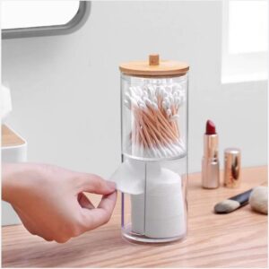 Qtip Holder Dispenser with Cotton Pads Jar Set Bamboo Lid Stackable Bathroom Counter Acrylic Organizer to Storage Cotton Ball Cotton Swab and Bath Salts