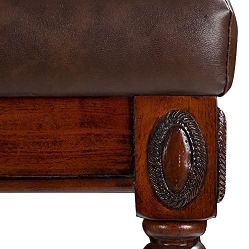 MODERION Solid Wood Vanity Bench Stool with Padded Cushion, Piano Bench with Wood Carving Legs, Button Breathing Leather Upholstered Seat, 18.89” x 18.5 x 14.17” Brown FD1533BN