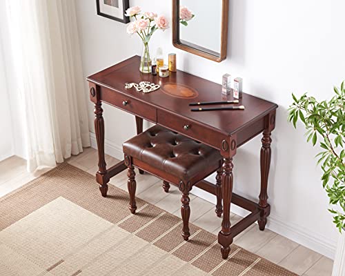 MODERION Solid Wood Vanity Bench Stool with Padded Cushion, Piano Bench with Wood Carving Legs, Button Breathing Leather Upholstered Seat, 18.89” x 18.5 x 14.17” Brown FD1533BN