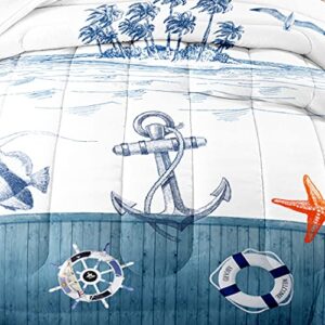 Suncloris Nautical Sailboat Comforter Set for Kids and Adults, Queen Size Anchor Rudder Themed Bedding Comforter with 2 Coastal Ocean Plant Patterned Pillowcases - 90"x90" (Queen, Dark Blue)