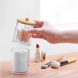 Qtip Holder Dispenser with Cotton Pads Jar Set Bamboo Lid Stackable Bathroom Counter Acrylic Organizer to Storage Cotton Ball Cotton Swab and Bath Salts