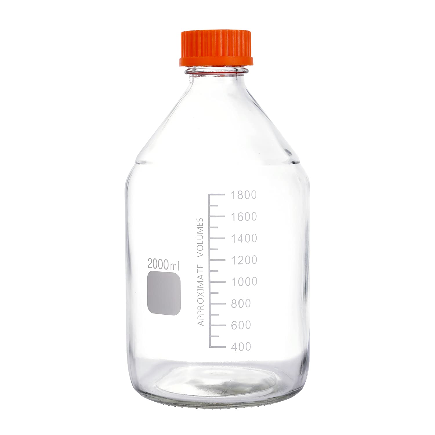 Pastein 1 Piece 2000 ml 2 Liter Graduated Round Reagent Media/Storage Glass Bottle With GL45 Orange Polypropylene Screw Cap