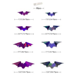 72Pcs Bats Halloween Decoration Iridescent 3D Bats Wall Decor Black Purple Holographic Paper Decorative Bat Wall Art Decals Stickers Spooky Bats for Halloween Home Room Decor Party Decoration Supplies