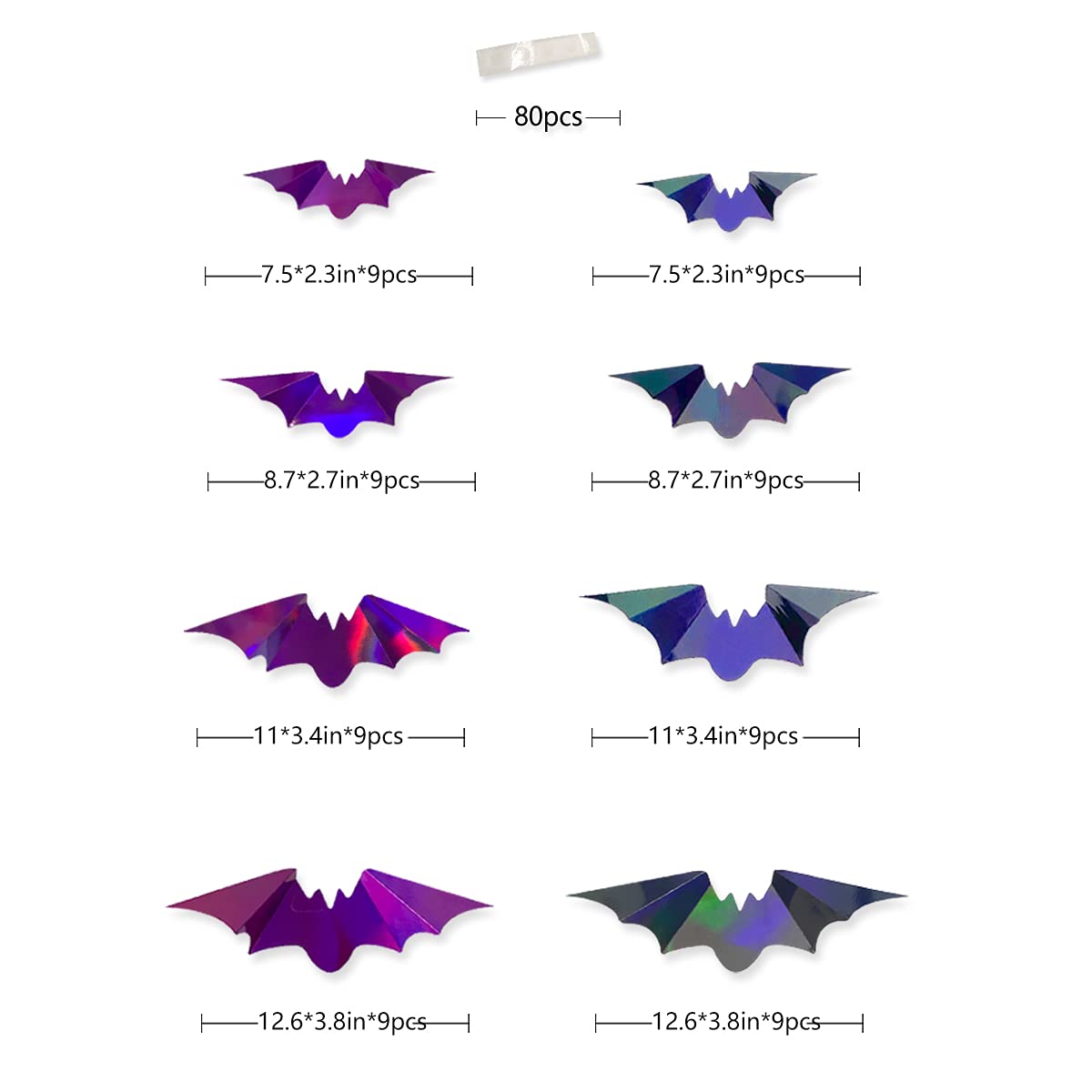 72Pcs Bats Halloween Decoration Iridescent 3D Bats Wall Decor Black Purple Holographic Paper Decorative Bat Wall Art Decals Stickers Spooky Bats for Halloween Home Room Decor Party Decoration Supplies