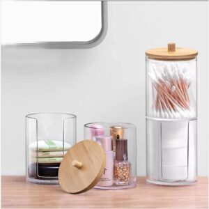 Qtip Holder Dispenser with Cotton Pads Jar Set Bamboo Lid Stackable Bathroom Counter Acrylic Organizer to Storage Cotton Ball Cotton Swab and Bath Salts