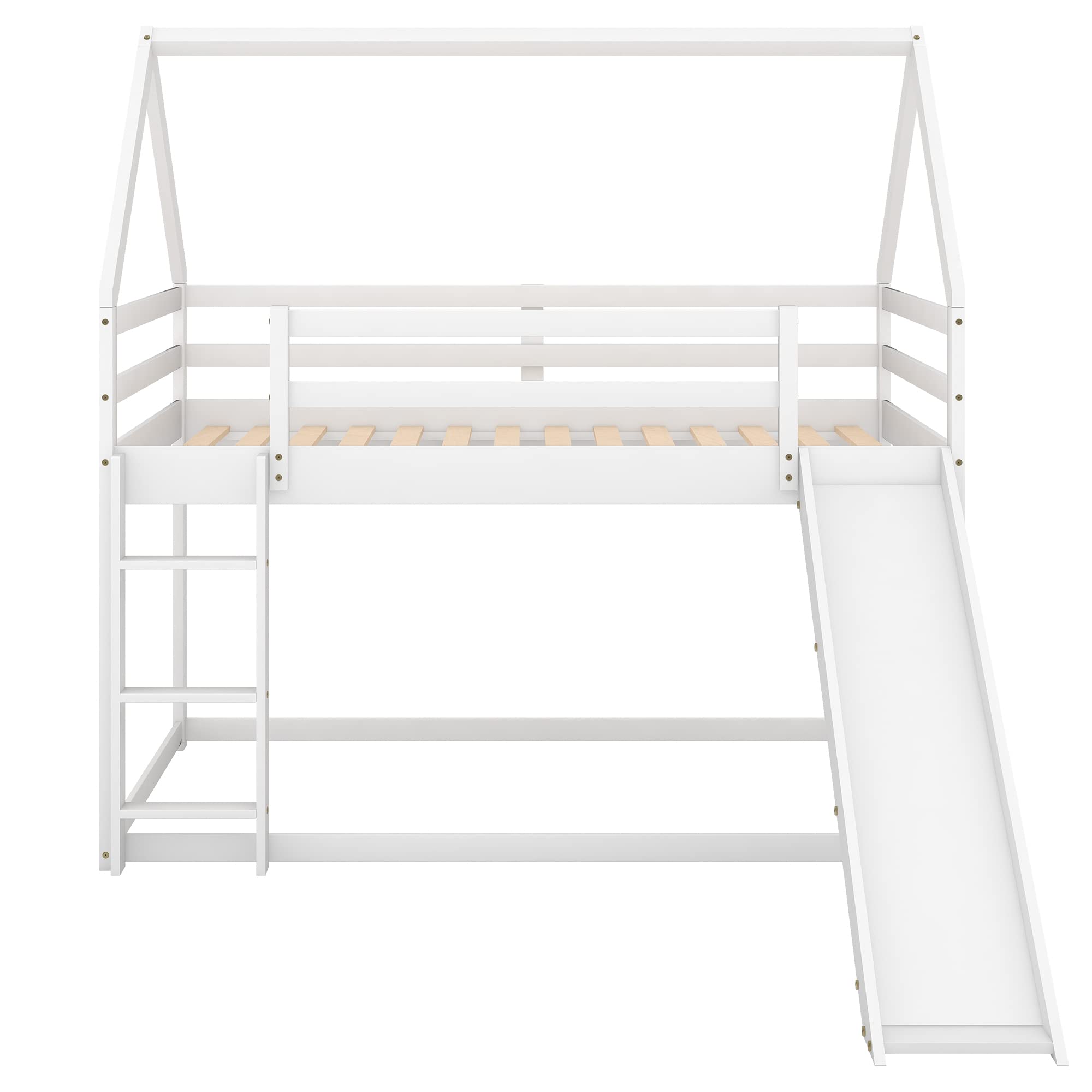 Harper & Bright Designs Twin Over Twin Low Bunk Bed with Slide, Solid Wood House Bunk Bed for Kids Girls Boys (White)