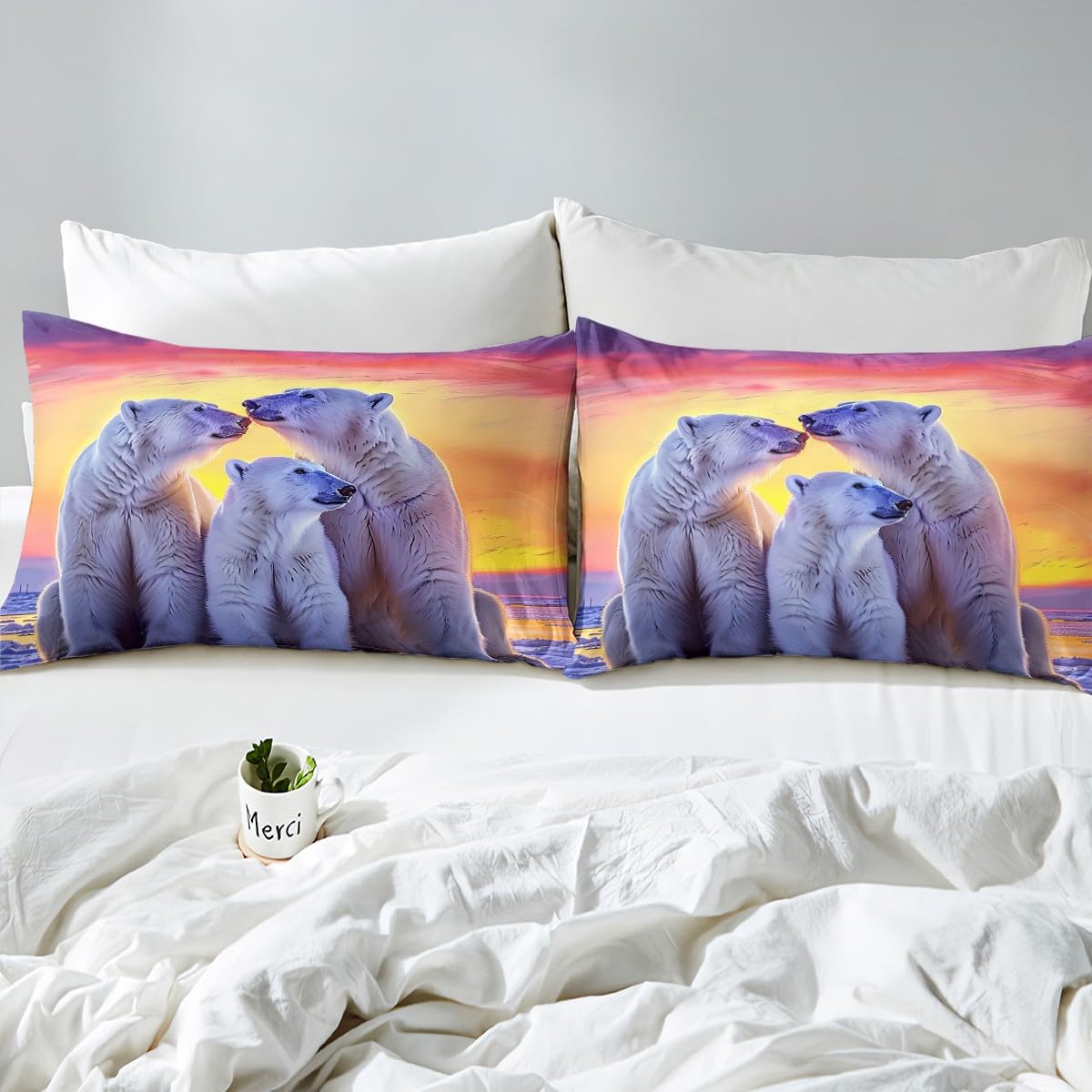 Polar Bear Bedding Set Twin Size Polar Bear Family Bed Set for Girls Teens Bedroom Decor Kids Sunset View Fitted Sheet Soft Microfiber Arctic Glacier Bed Cover(1 Fitted Sheet+1 Pillow Case)