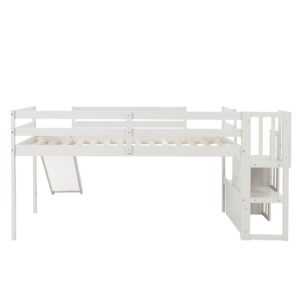 Harper & Bright Designs Kids Twin Loft Bed with Slide, Low Loft Bed Frame with Stairs and Storage Shelves, Slide Loft Bed for Boys and Girls, No Box Spring Needed,White