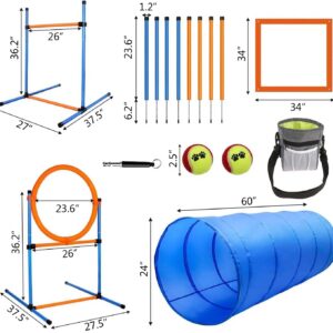 JMMPOO Dog Agility Training Equipment, 60-Piece Dog Obstacle Course Training Starter Kit Pet Outdoor Game with Tunnel, Agility Hurdle, Weave Poles, Jump Ring, Pause Box, Toy Balls and Storage Bag