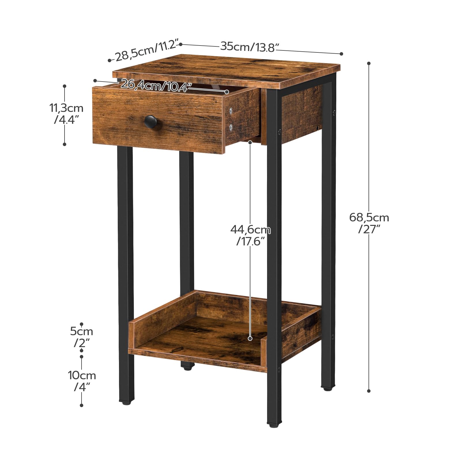 HOOBRO Tall End Table, Nightstand, Side Table with Drawer and Storage Shelf, Industrial End Telephone Table, for Study, Bedroom, Space Saving, Rustic Brown and Black BF71BZ01