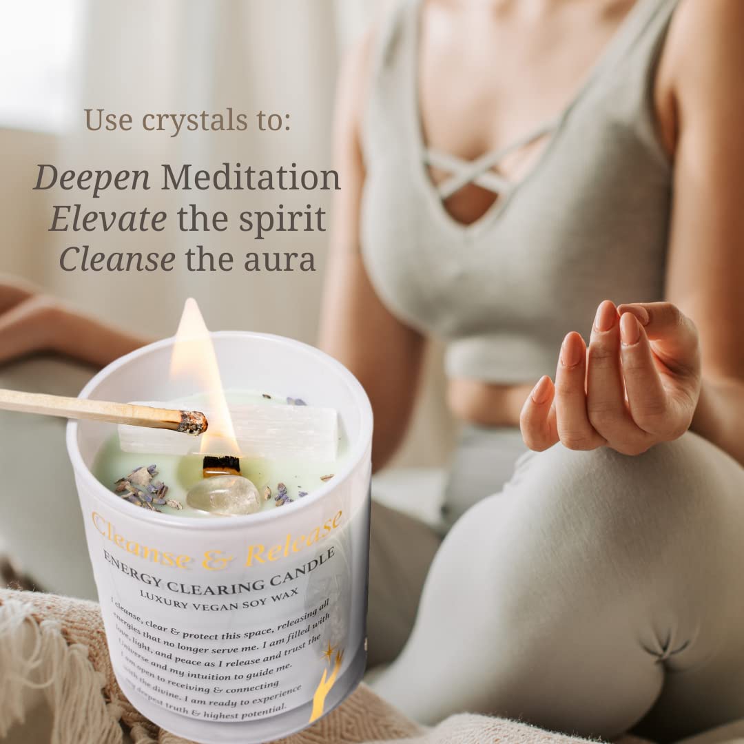 Sage Candles for Cleansing House w/Selenite, Quartz – Candles with Crystals Inside – Sage Smudge Eucalyptus Candles – Manifestation Candle – Sage Candle – Crystal Candle for Positive Energy