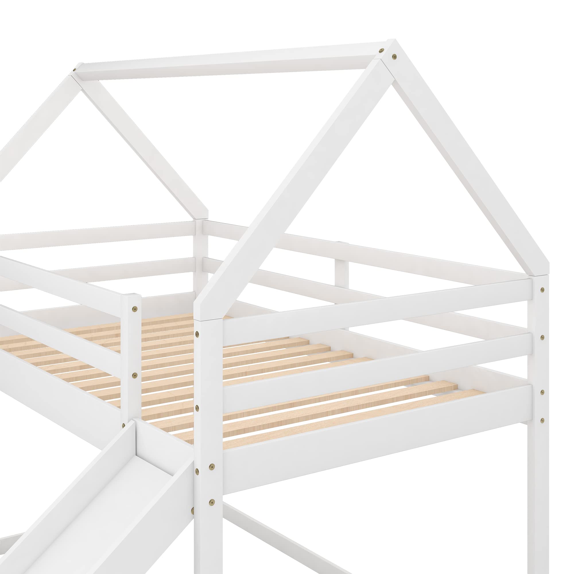 Harper & Bright Designs Twin Over Twin Low Bunk Bed with Slide, Solid Wood House Bunk Bed for Kids Girls Boys (White)