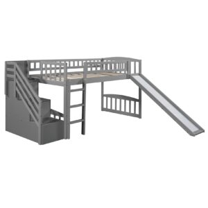 Harper & Bright Designs Loft Bed with Slide and Stairs Wood Twin Size Loft Bed Frame with Storage for Kids Boys Girls, Gray