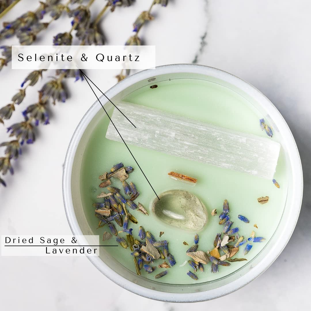 Sage Candles for Cleansing House w/Selenite, Quartz – Candles with Crystals Inside – Sage Smudge Eucalyptus Candles – Manifestation Candle – Sage Candle – Crystal Candle for Positive Energy