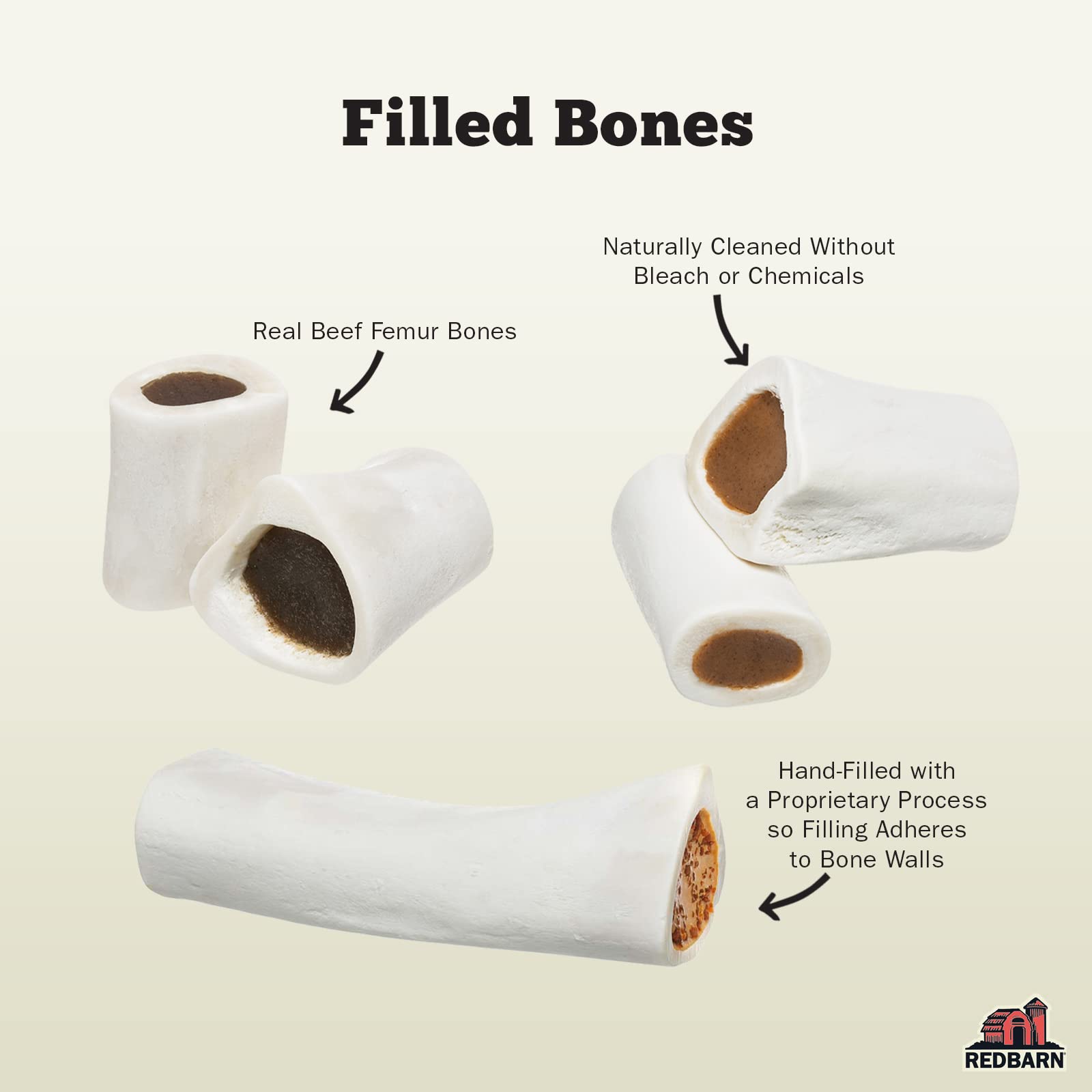 Redbarn Large Filled Dog Bones, Cheese & Bacon Flavor - Long Lasting Stuffed Femur Chew Treat Made in USA - 4 Count - Packaging May Vary