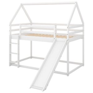 Harper & Bright Designs Twin Over Twin Low Bunk Bed with Slide, Solid Wood House Bunk Bed for Kids Girls Boys (White)