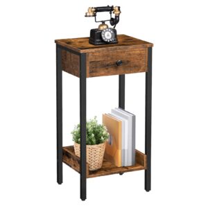 HOOBRO Tall End Table, Nightstand, Side Table with Drawer and Storage Shelf, Industrial End Telephone Table, for Study, Bedroom, Space Saving, Rustic Brown and Black BF71BZ01