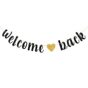 welcome back banner, returning home party supplies, happy retirement sign, welcome home theme, back to school party decorations black glitter