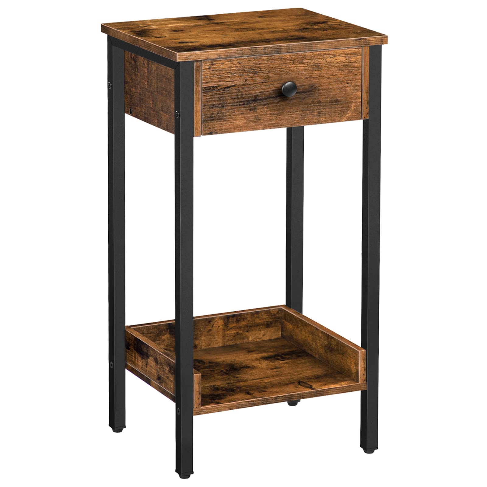 HOOBRO Tall End Table, Nightstand, Side Table with Drawer and Storage Shelf, Industrial End Telephone Table, for Study, Bedroom, Space Saving, Rustic Brown and Black BF71BZ01