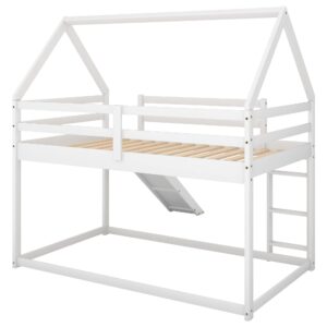 Harper & Bright Designs Twin Over Twin Low Bunk Bed with Slide, Solid Wood House Bunk Bed for Kids Girls Boys (White)