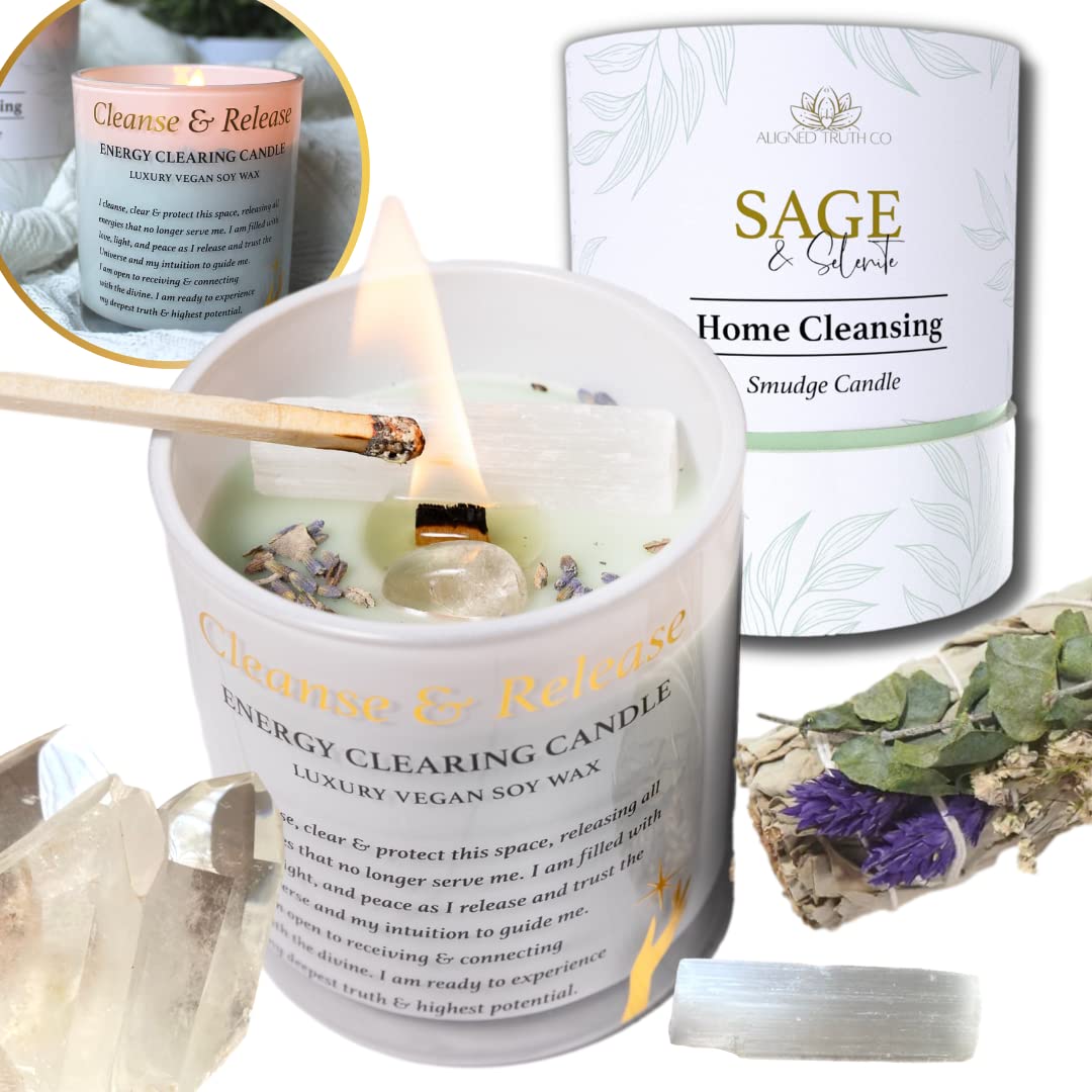 Sage Candles for Cleansing House w/Selenite, Quartz – Candles with Crystals Inside – Sage Smudge Eucalyptus Candles – Manifestation Candle – Sage Candle – Crystal Candle for Positive Energy