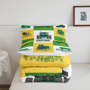 Boys Cartoon Truck Car Down Comforter Twin Size Kids Construction Vehicles Tractor Comforter Set for Kids Children Farm Excavator Bedding Set Construction Site Cars Duvet Set, Green Yellow