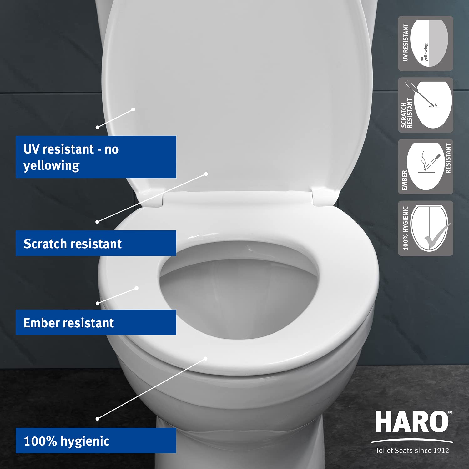 HARO | ELONGATED Toilet Seat | Slow-Close-Seat | Heavy-Duty up to 550 lbs, Quick-Release & Easy Clean, Fast-Fix-Hinge, No-Slip Bumpers | Premium-Duroplast > Scratch Resistant | 18.5" x 14.5" x 2.32"