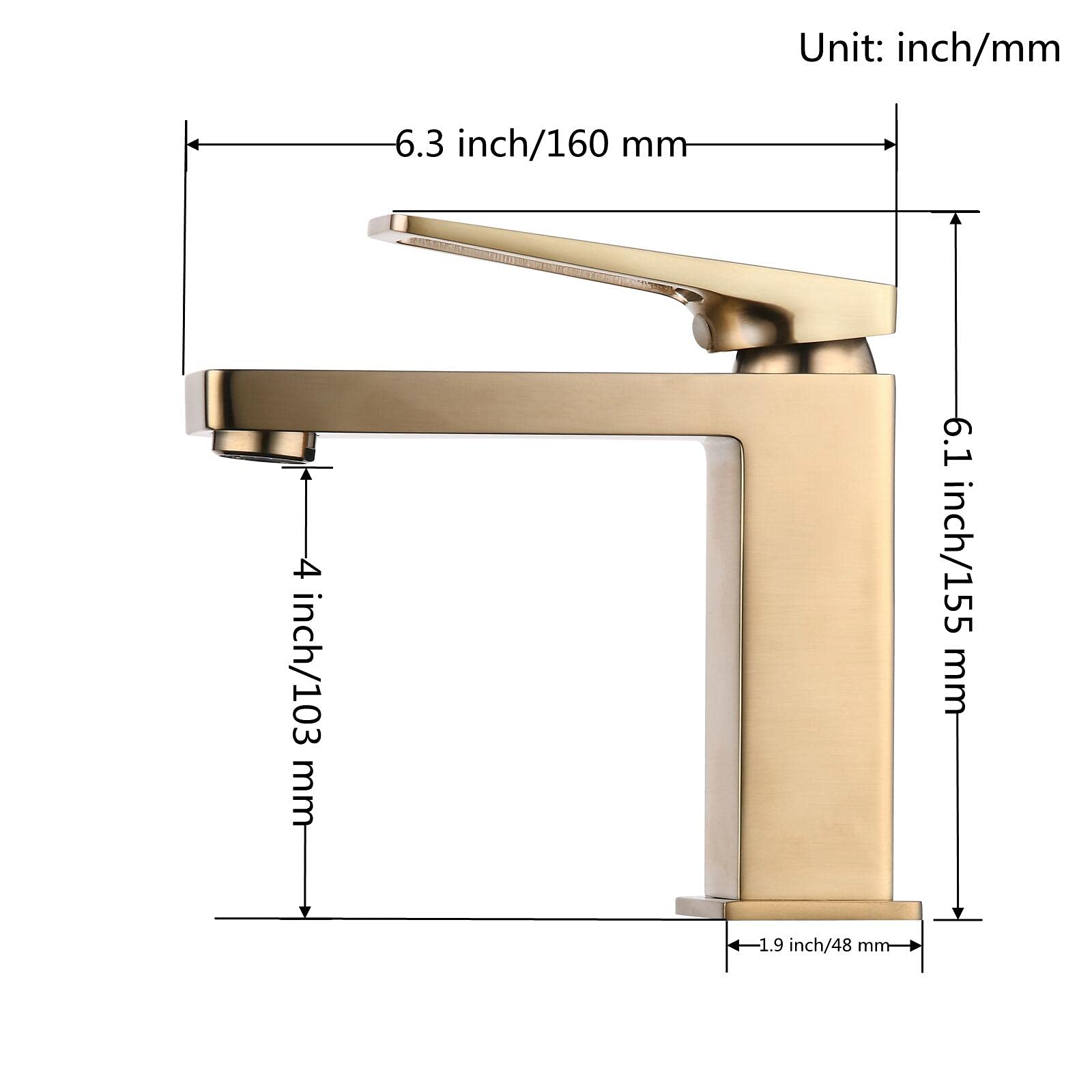 SHUNLI Brushed Gold Bathroom Faucet, Single Hole Modern Bathroom Sink Faucet, Brass Lavatory Mixer Taps Single Handle