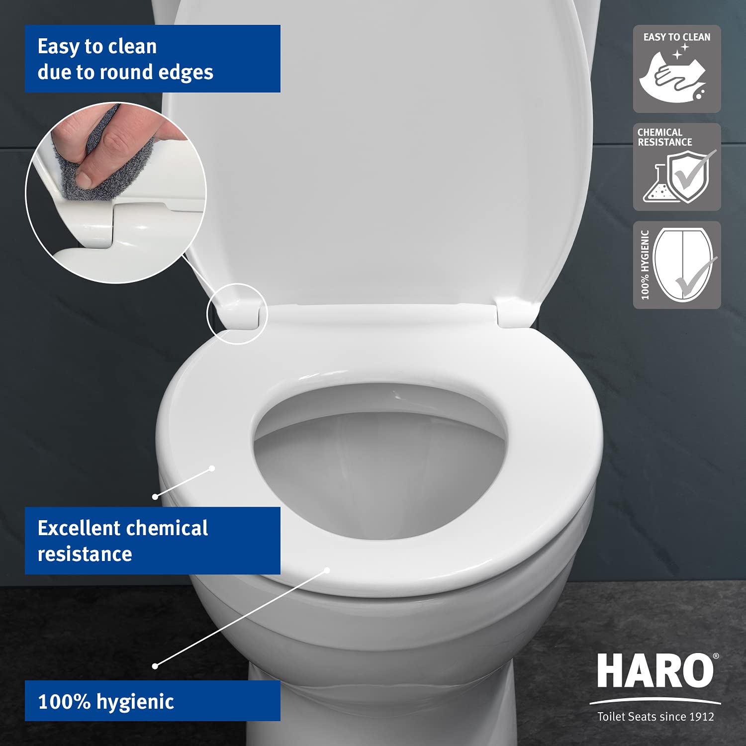 HARO | ROUND Toilet Seat | Heavy-Duty up to 550 lbs Capacity | Slow-Close-Seat | Quick-Release & Easy Clean, Fast-Fix-Hinge, No-Slip Bumpers, White | Advanced (PP) | 16.5" x 14.5" x 2.32"