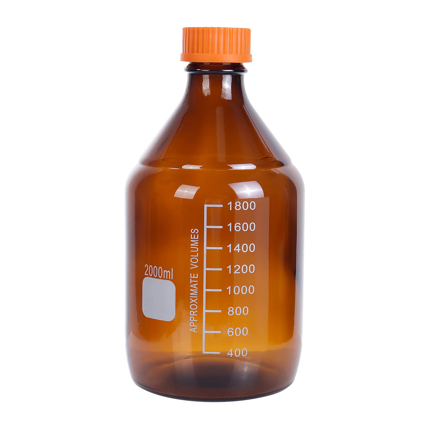 Moonetto One Piece 2 Liter Amber Borosilicate Glass Graduated Round 2000ml Lab Reagent Media/Storage Bottle With GL45 Orange Screw Cap