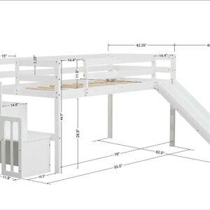 Harper & Bright Designs Kids Twin Loft Bed with Slide, Low Loft Bed Frame with Stairs and Storage Shelves, Slide Loft Bed for Boys and Girls, No Box Spring Needed,White